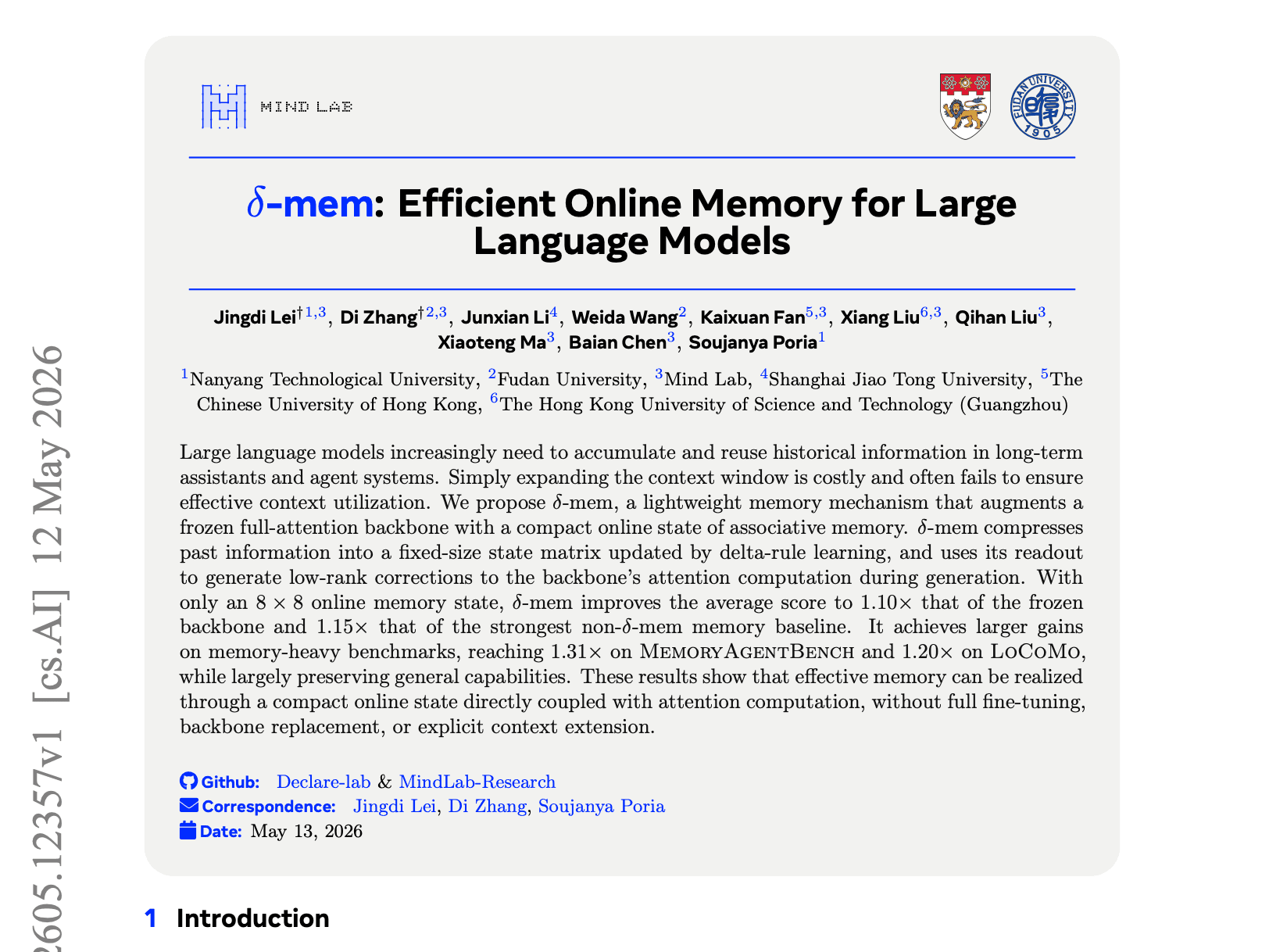 δ-mem: Efficient Online Memory for Large Language Models