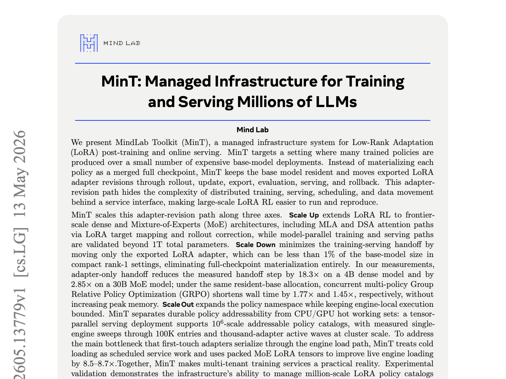 MinT: Managed Infrastructure for Training and Serving Millions of LLMs